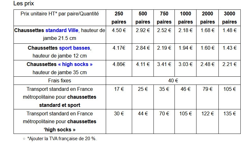 liste de prix chaussettes personnalisées